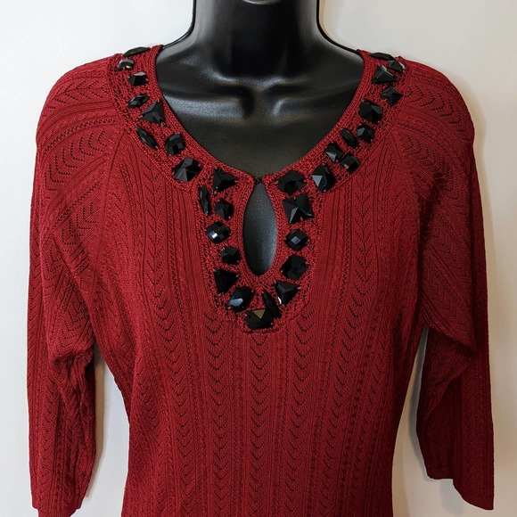 Emma Jean's Red Jeweled Keyhole Neck Medium Weight Sweater Size Medium NWOT - Picture 2 of 6